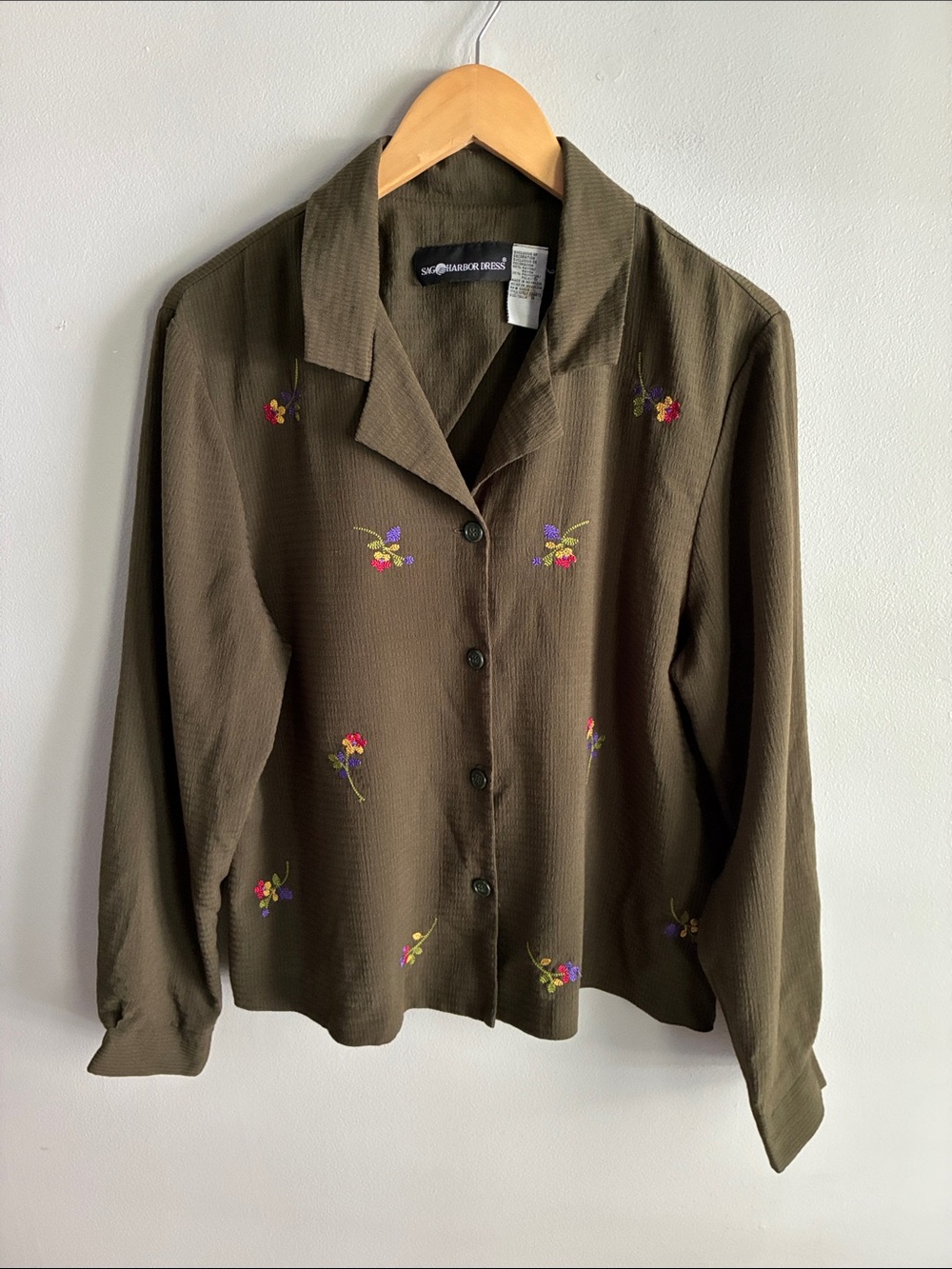 Vintage 90s Sag Harbor Olive Green Embroidered Floral Blouse L XL